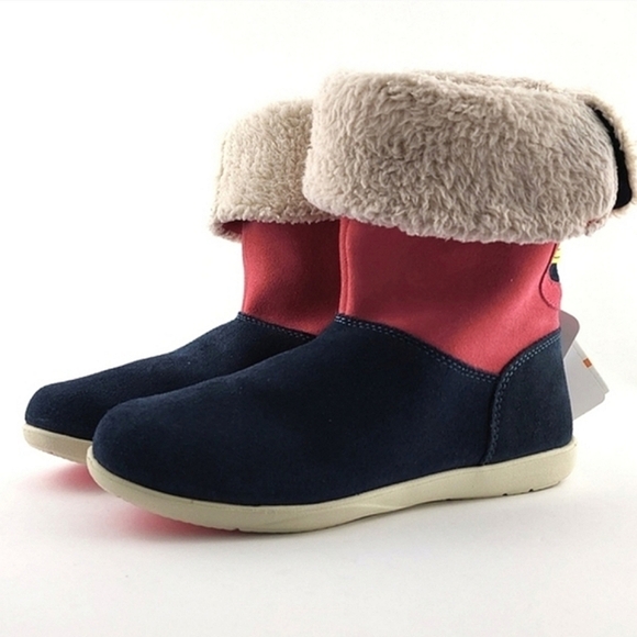 Crocs Adela Women's Foldover Fuzz Leather  Pink Boots Poppy Stucco Navy Size 6 - Picture 3 of 15